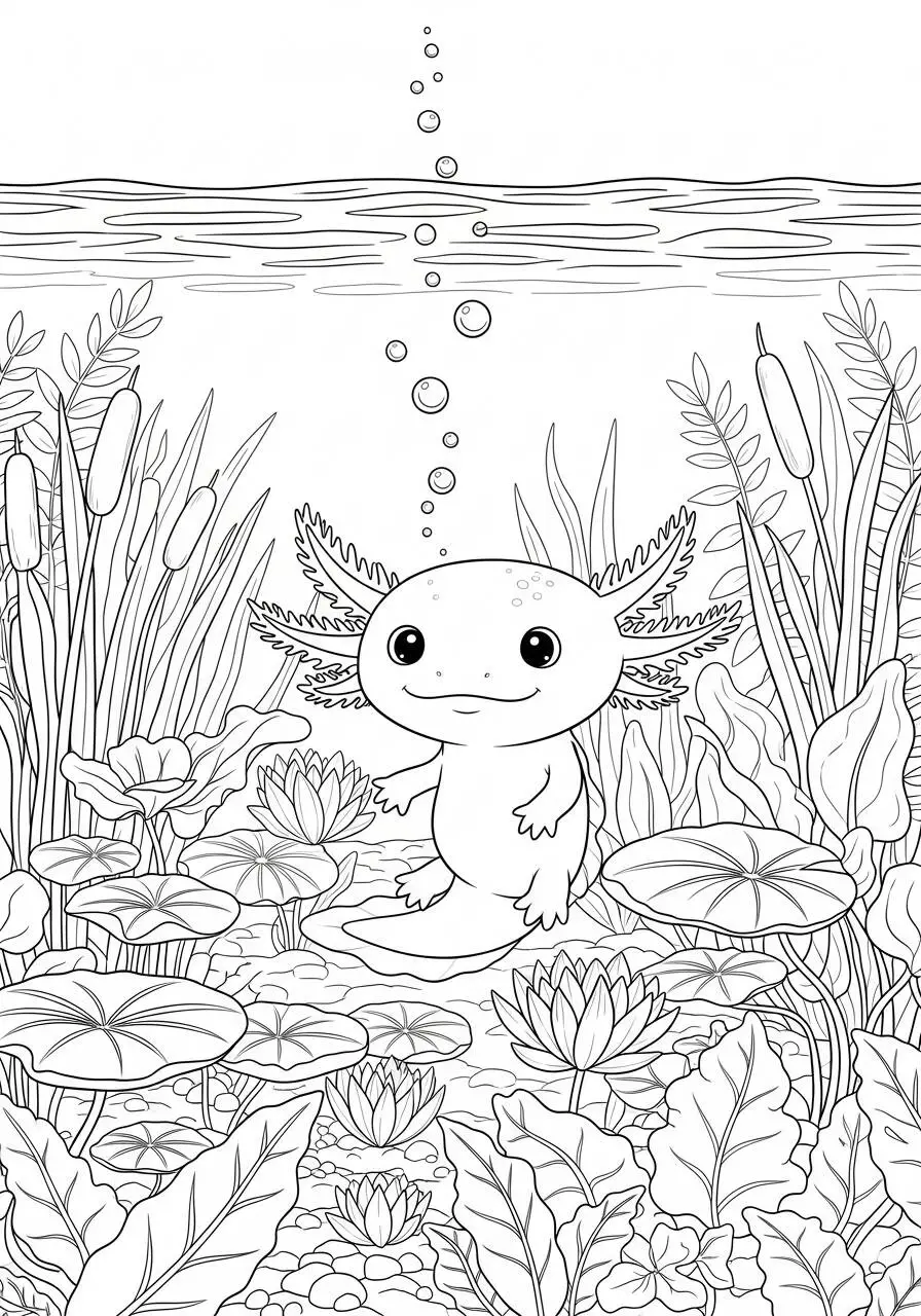 Desenho de Axolote Feliz em um Lago para Colorir