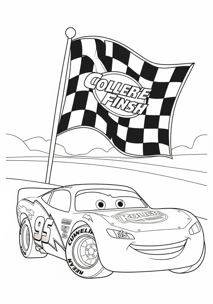 Desenho de Relâmpago McQueen com a Bandeira de Chegada para Colorir