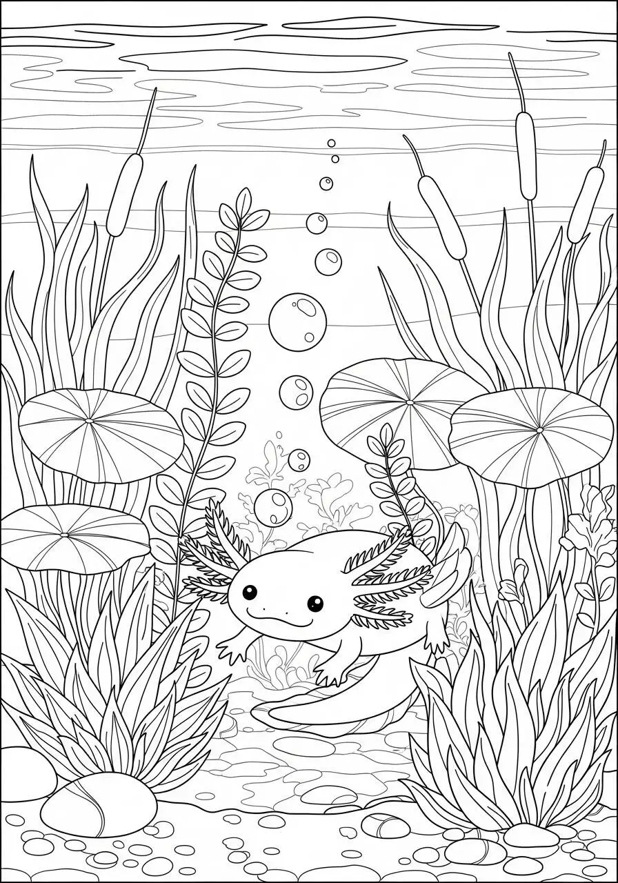 Desenho de Axolote a Nadar em um Ambiente Aquático para Colorir