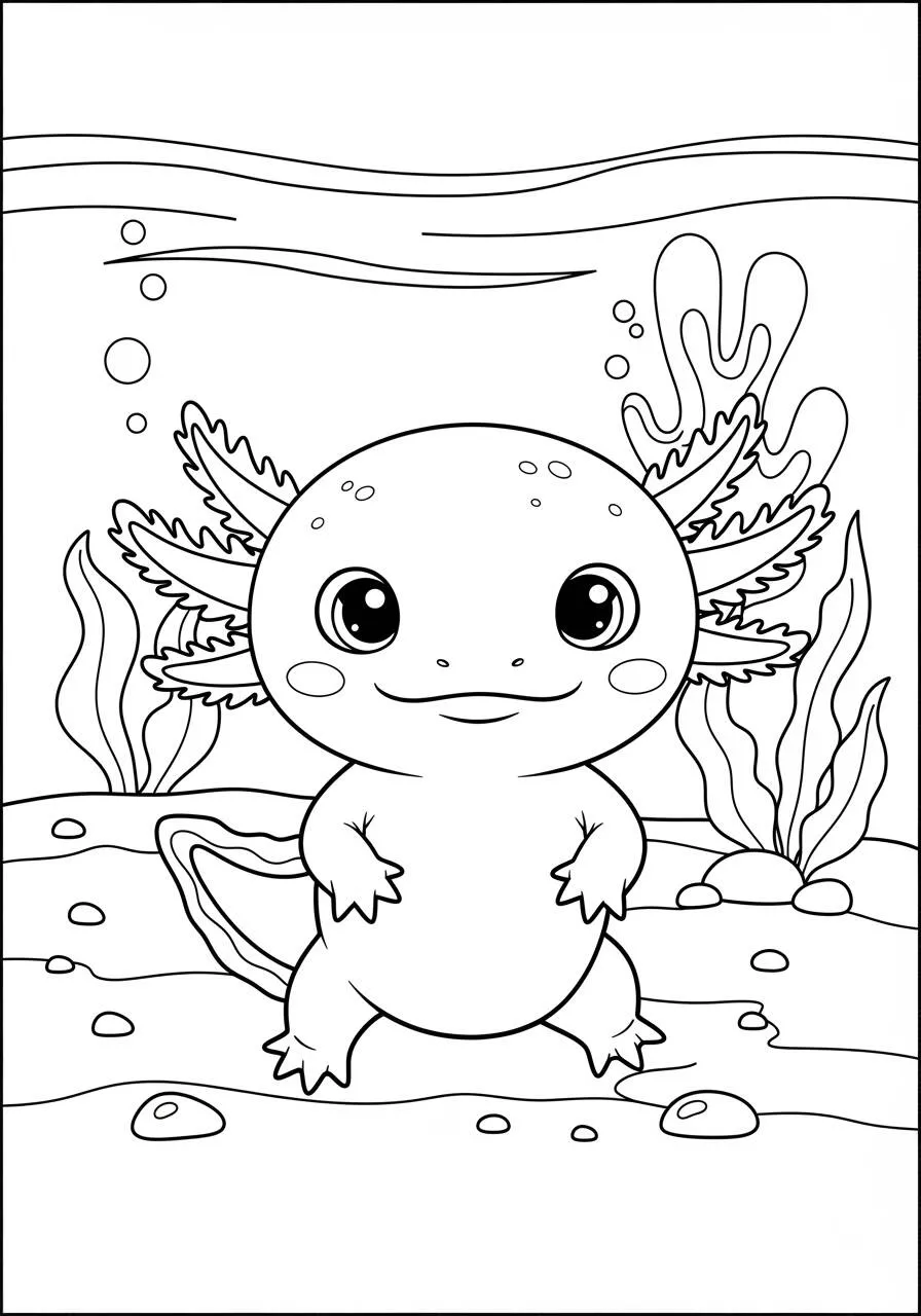 Desenho de Axolote Sorridente em Ambiente Aquático para Colorir