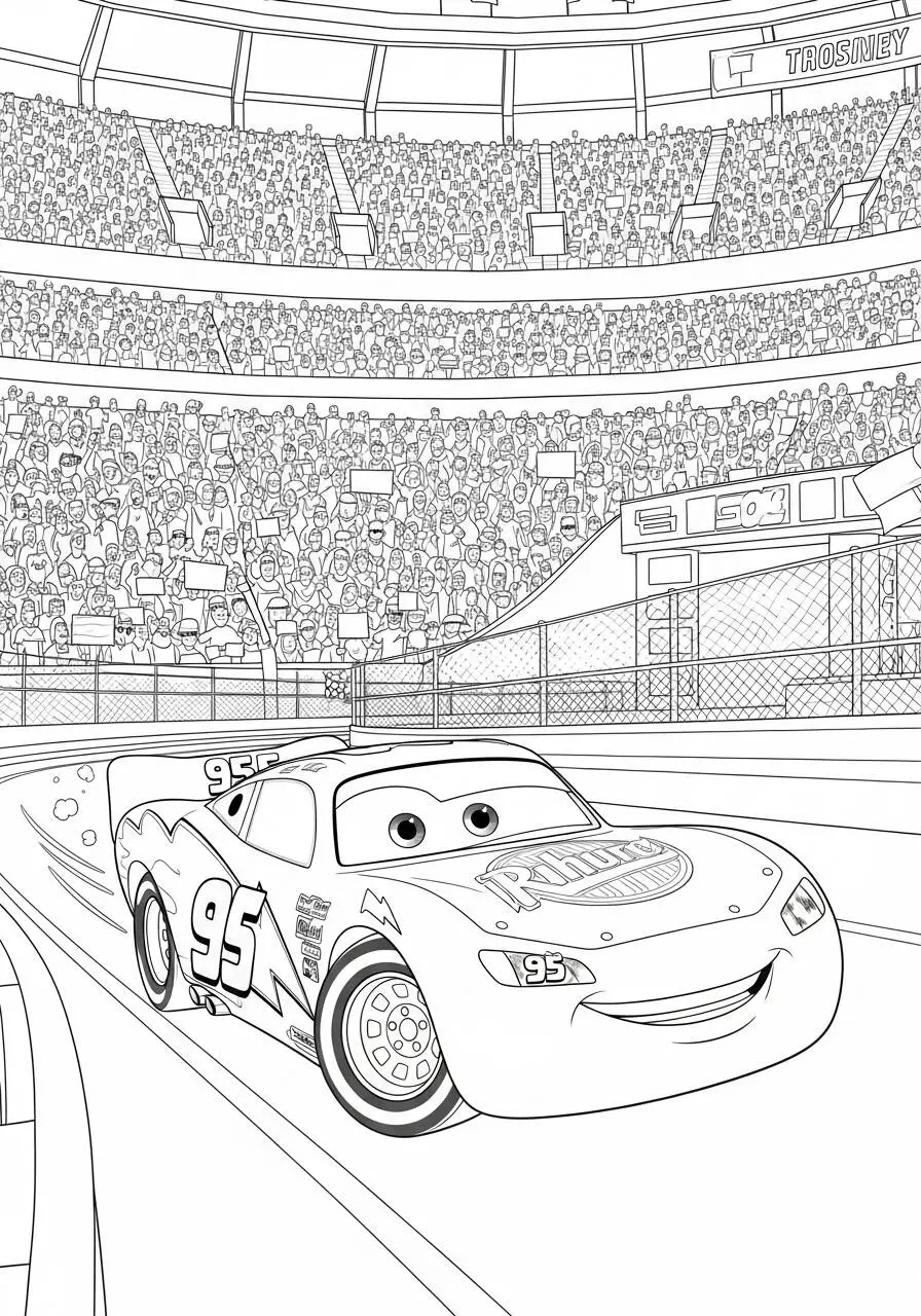Desenho de Relâmpago McQueen na Corrida com a Multidão para Colorir