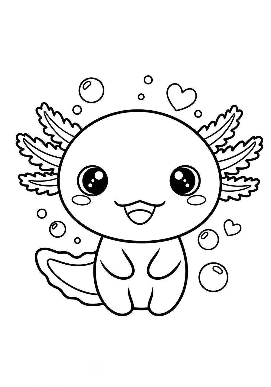 Desenho de Axolote Kawaii com Corações para Colorir