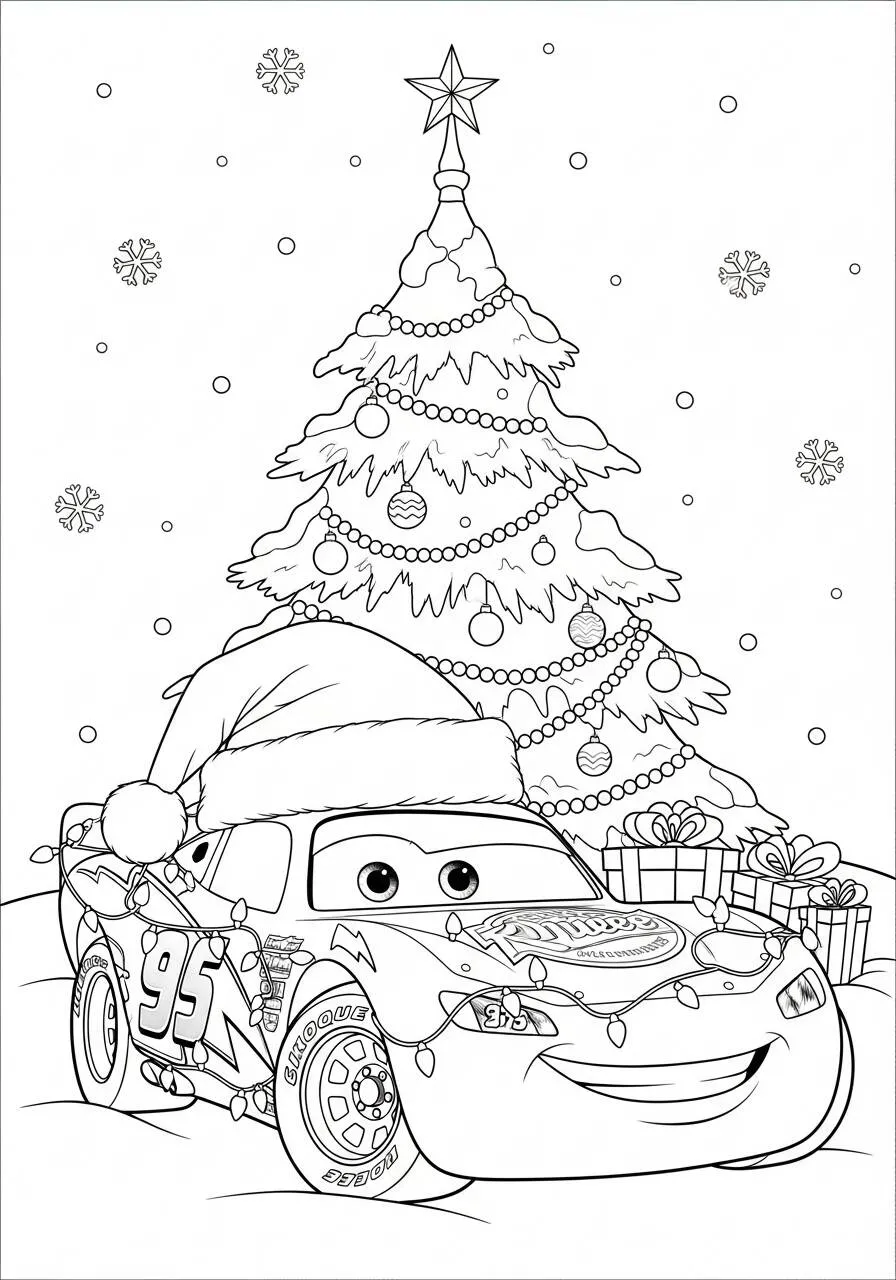 Desenho de Relâmpago McQueen com Chapéu de Natal para Colorir