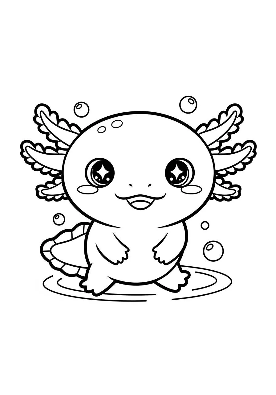 Desenho de Axolote Kawaii com Olhos Brilhantes para Colorir
