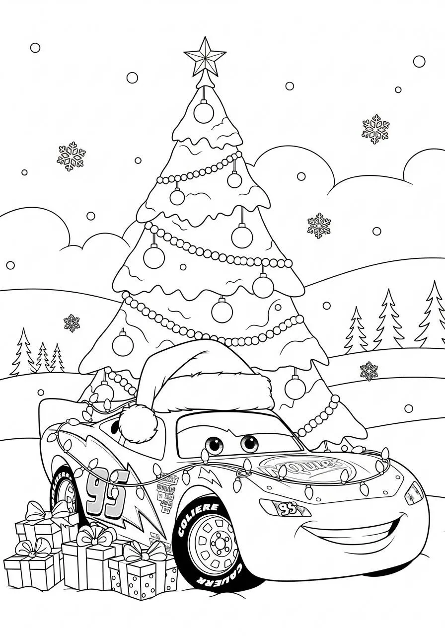 Dibujo de Rayo McQueen con árbol de Navidad para colorear