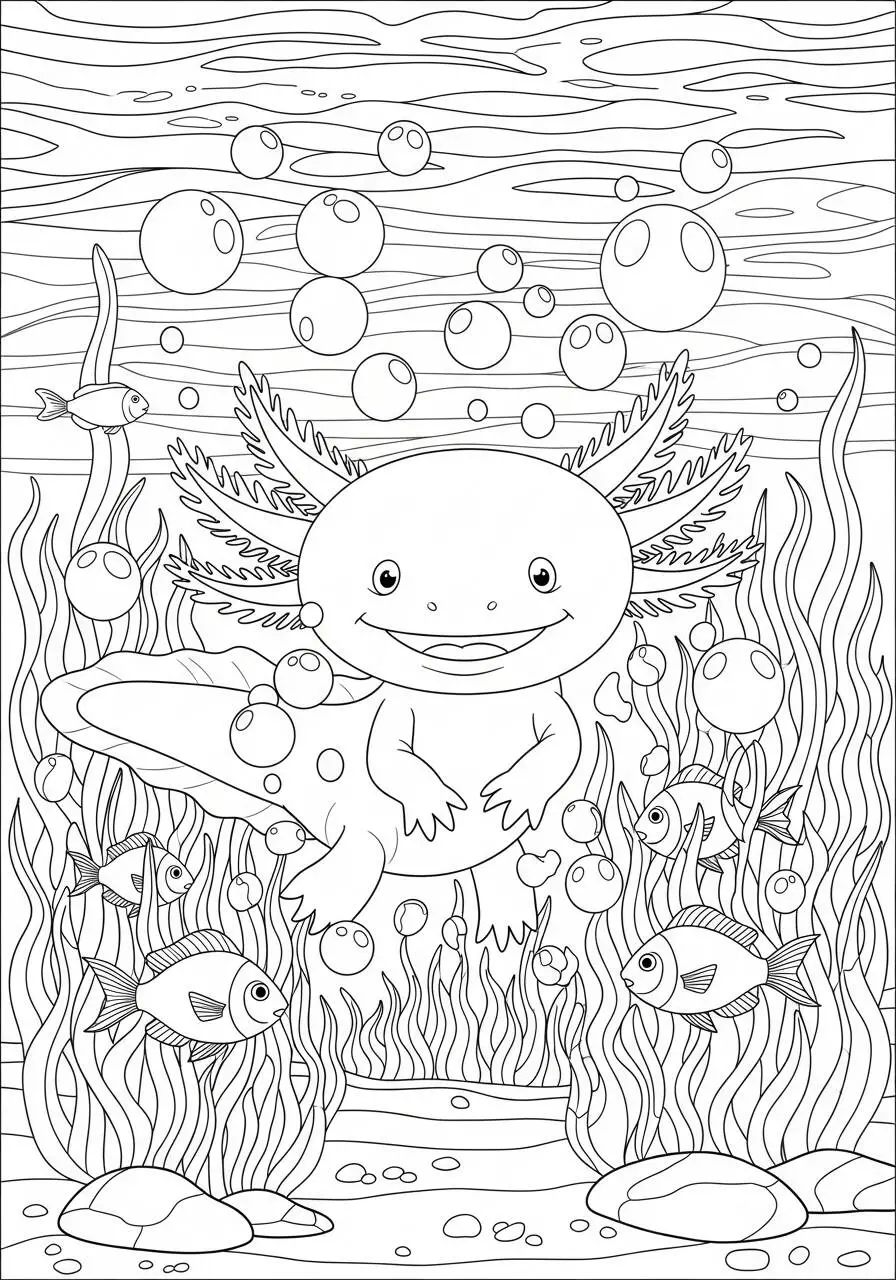 Desenho de Axolote Feliz com Peixes e Bolhas para Colorir