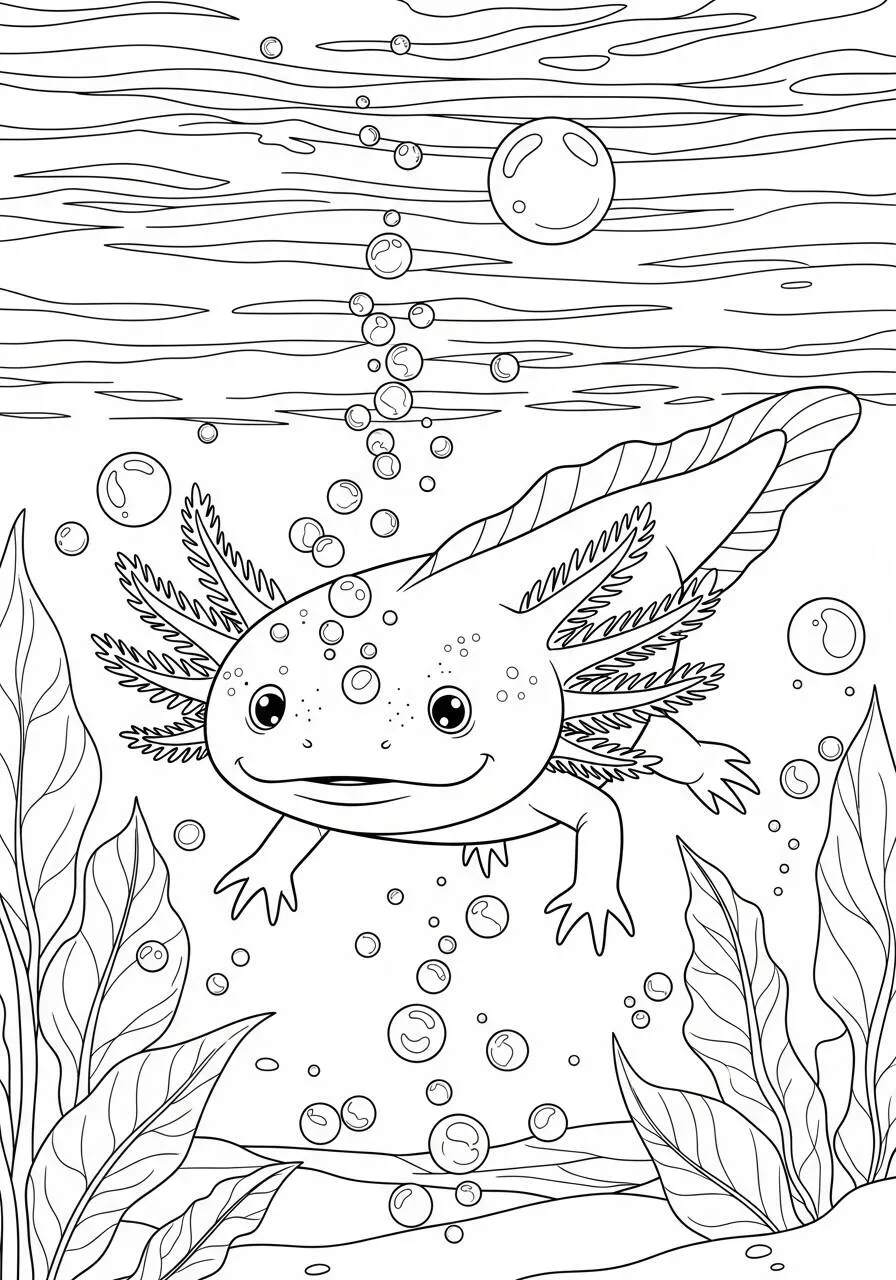 Desenho de Axolote a Nadar com Bolhas para Colorir