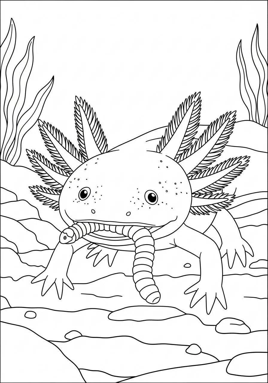Desenho de Axolote com Minhoca para Colorir