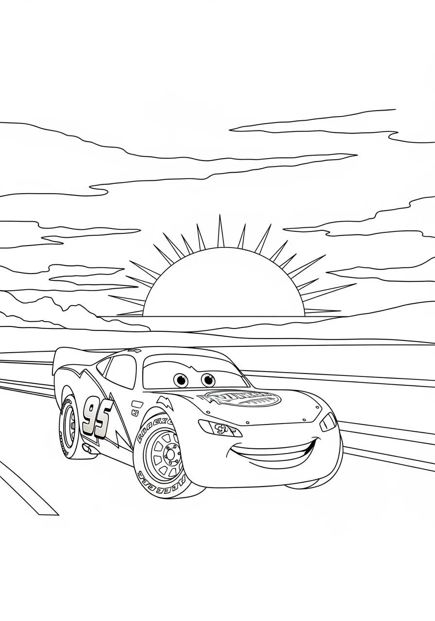 Desenho de Relâmpago McQueen na Estrada com o Sol Nascente para Colorir