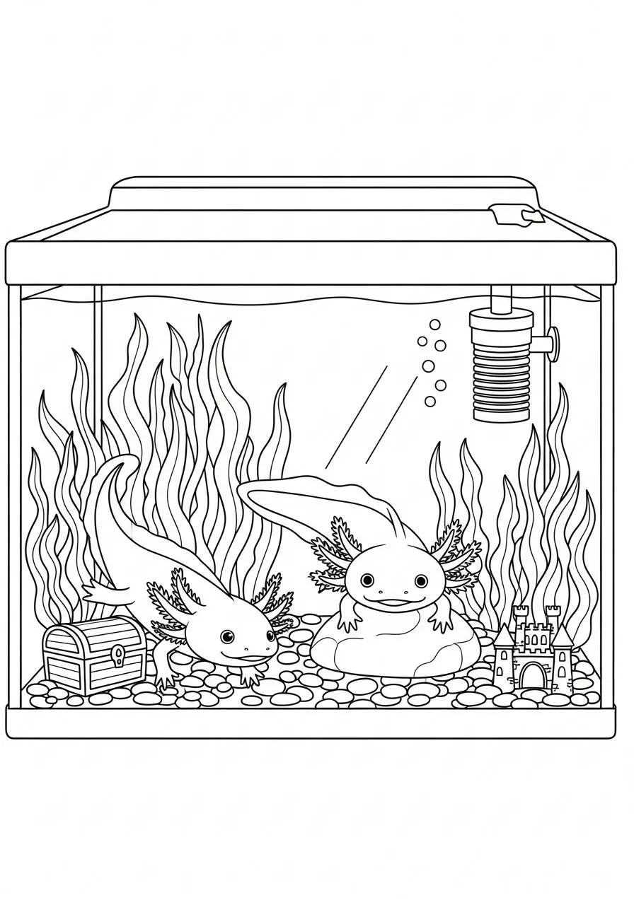 Desenho de Axolote em Aquário com Tesouro para Colorir