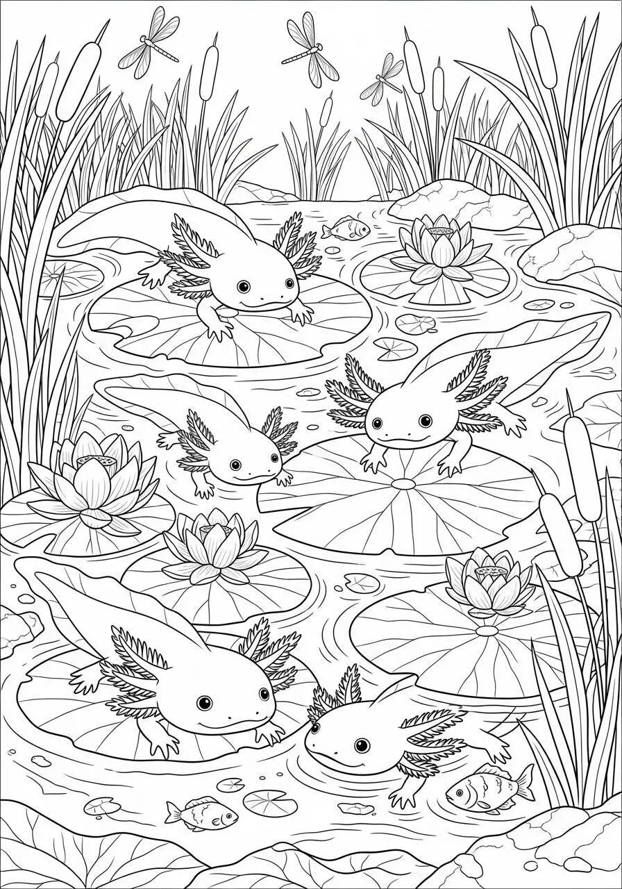 Desenho de Axolote Brincando em um Lago com Lírios para Colorir