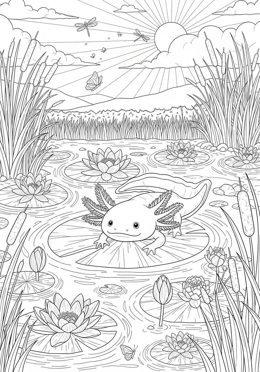 Desenho de Axolote a Nadar em um Lago com Lírios para Colorir