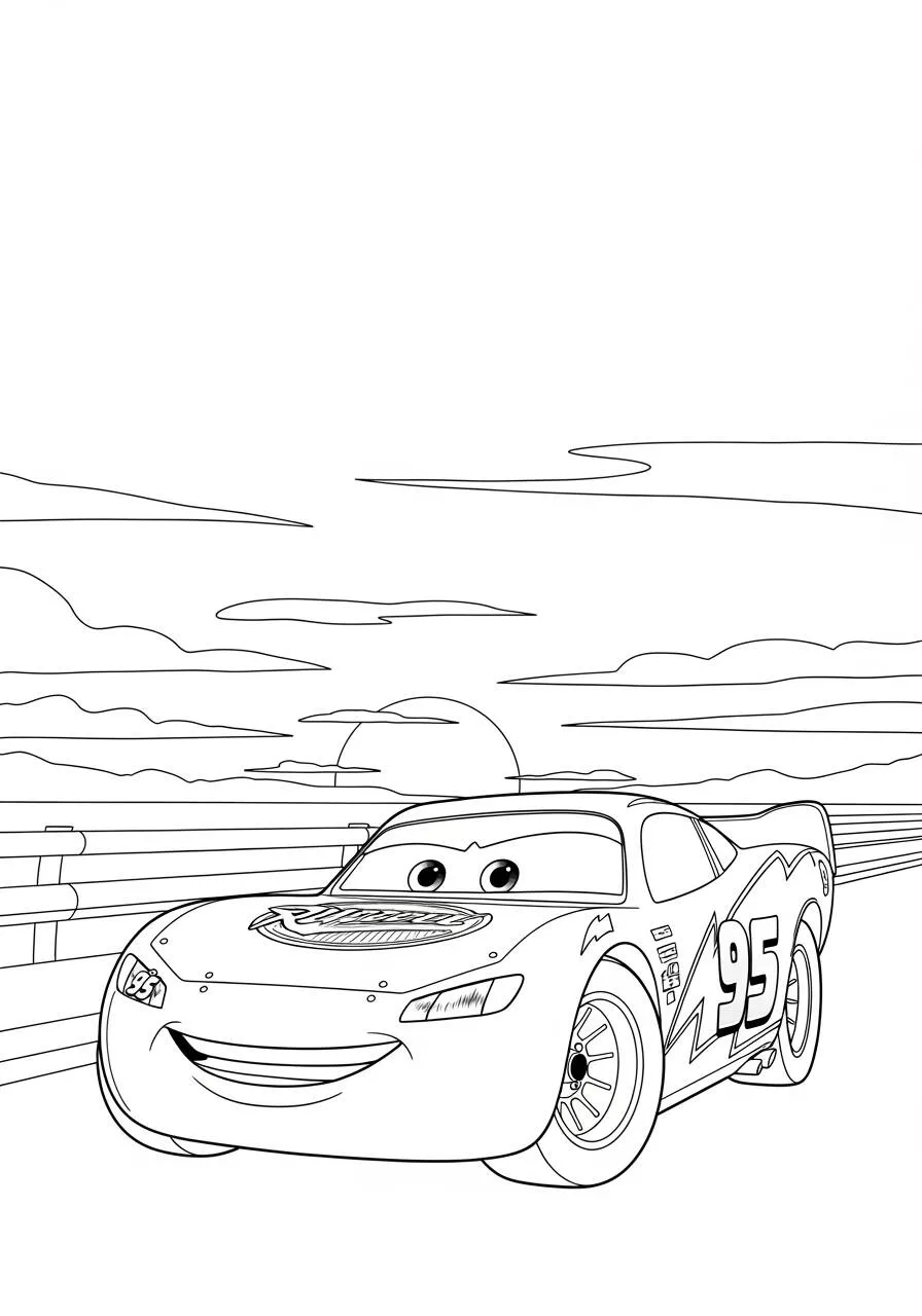 Desenho de Relâmpago McQueen na Estrada ao Pôr do Sol para Colorir