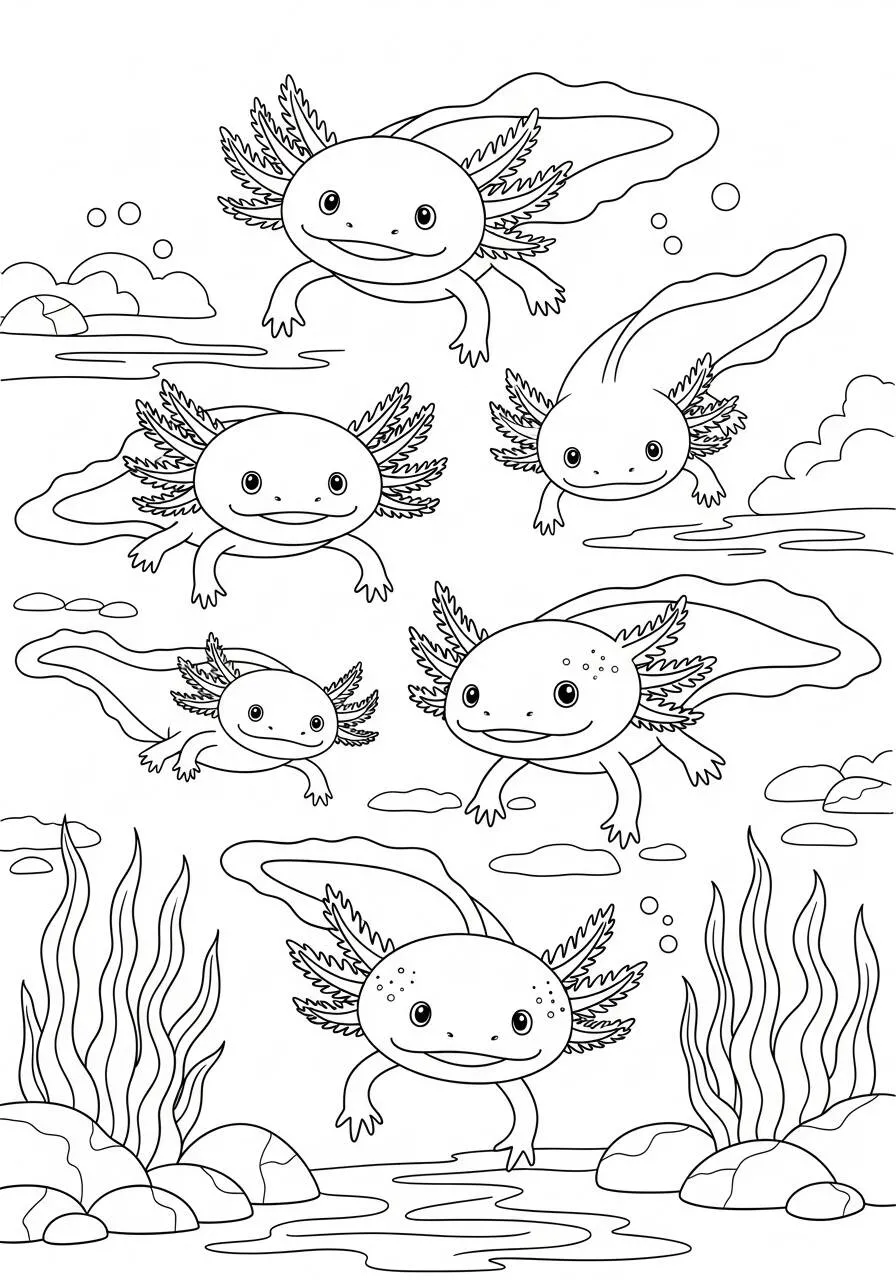 Desenho de Axolote Alegre a Nadar com Amigos para Colorir