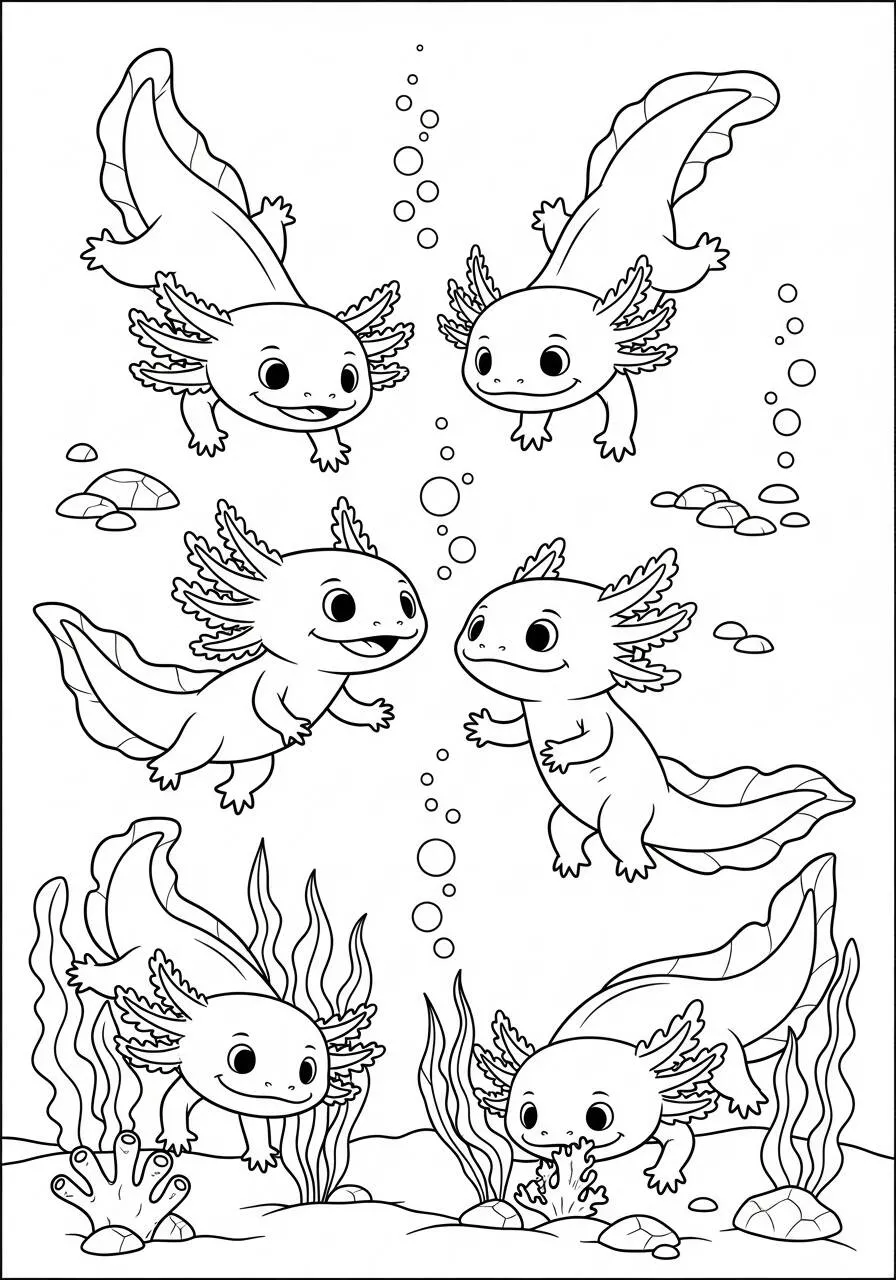 Desenho de Axolote Brincando no Fundo do Mar para Colorir