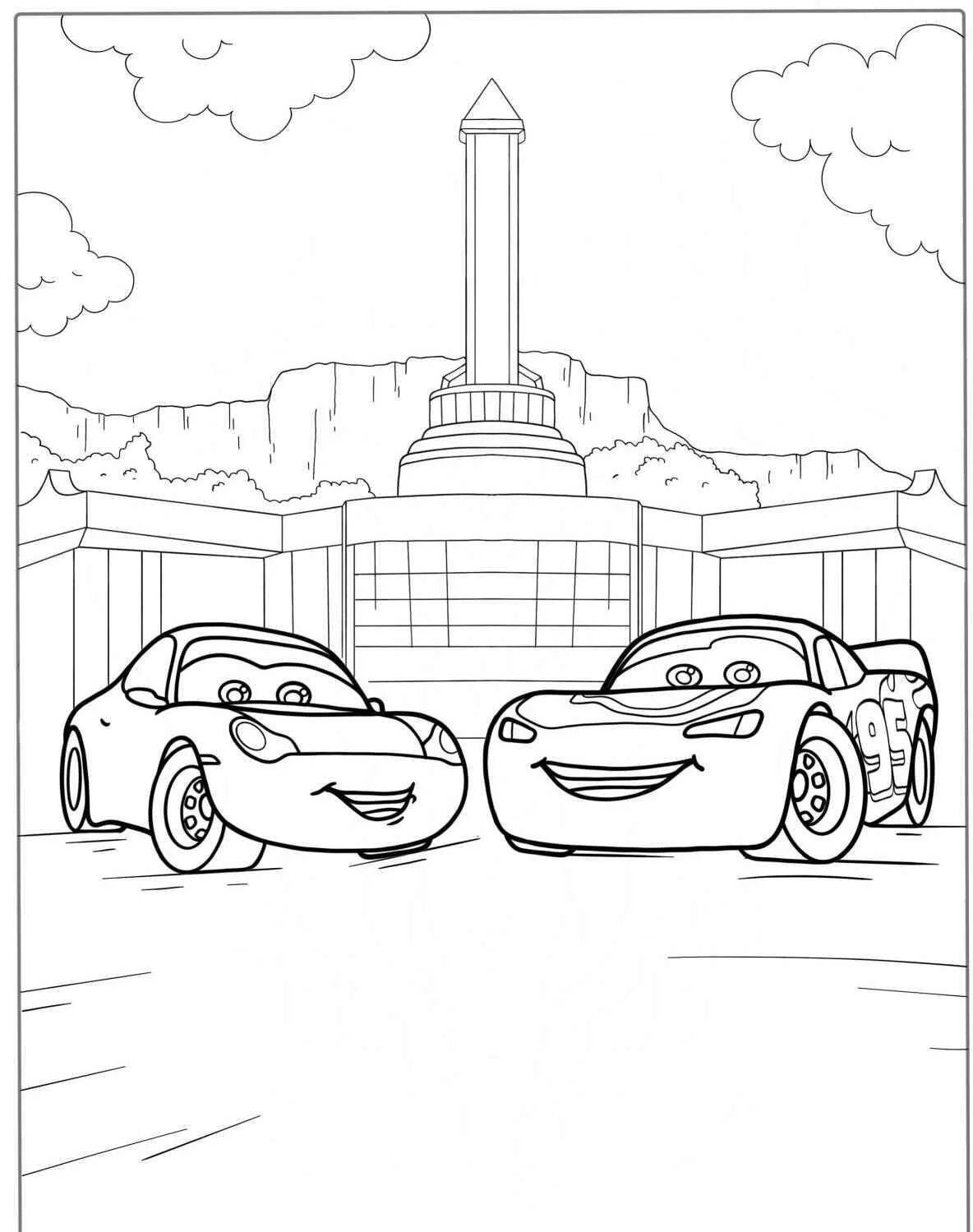 Desenho de Relâmpago McQueen com a Sally em Radiator Springs para Colorir