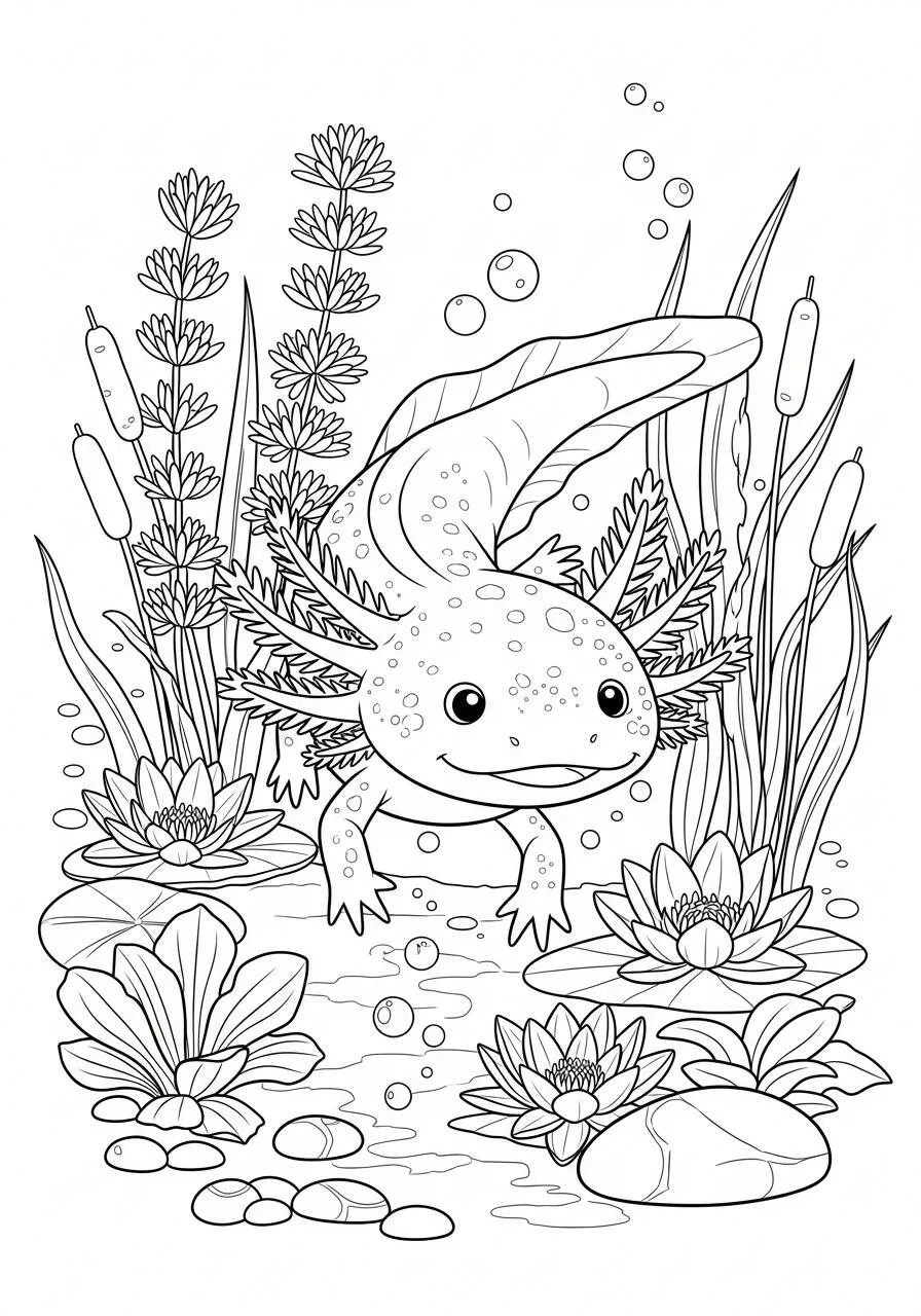 Desenho de Axolote em um Lago com Plantas para Colorir