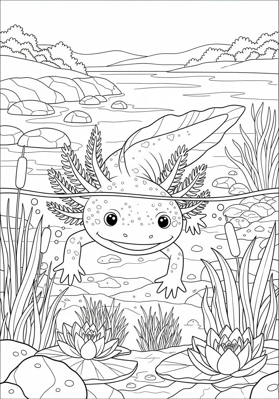 Desenho de Axolote a Nadar em um Lago para Colorir