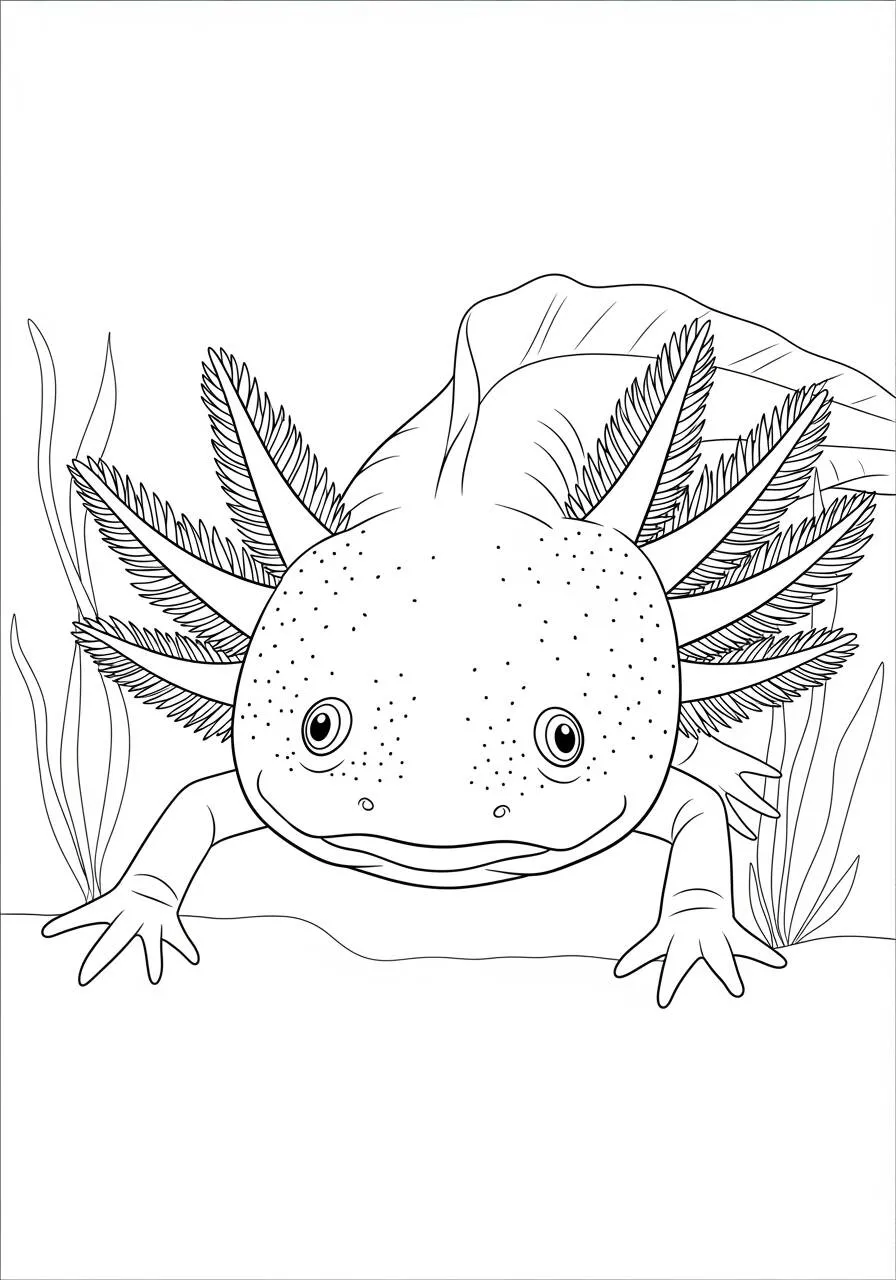Desenho de Axolote com Guelras de Plumas para Colorir