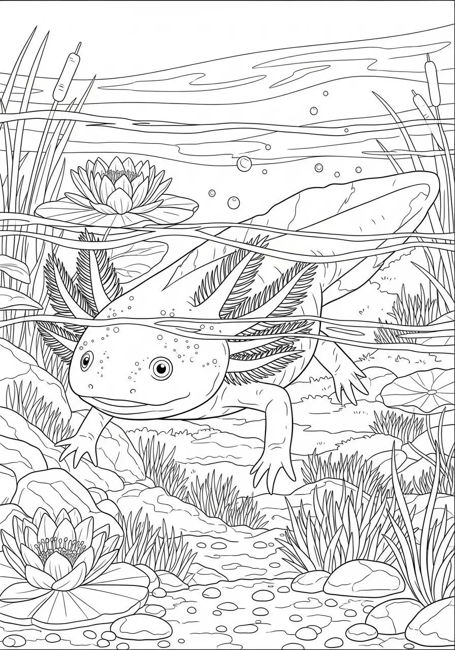 Desenho de Axolote a Nadar entre Lírios para Colorir