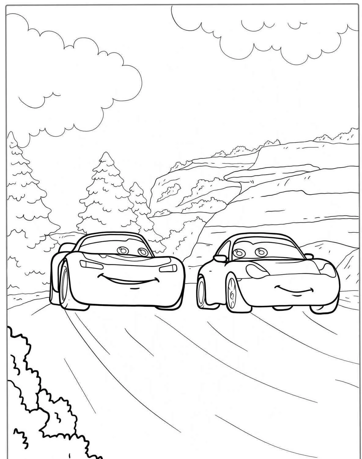 Desenho de Relâmpago McQueen e Sally Correndo na Estrada para Colorir