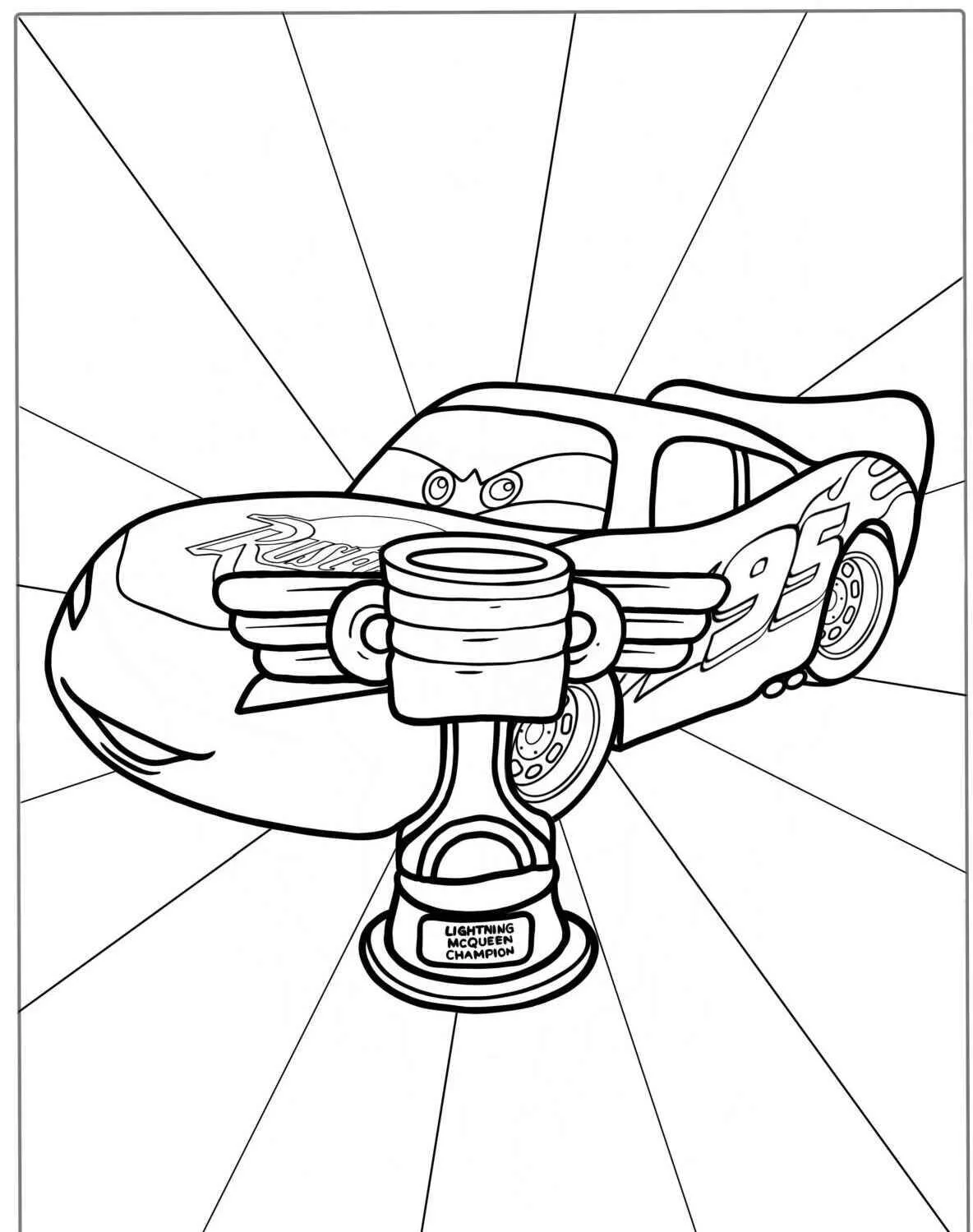Desenho de Relâmpago McQueen com o Troféu da Copa Pistão para Colorir