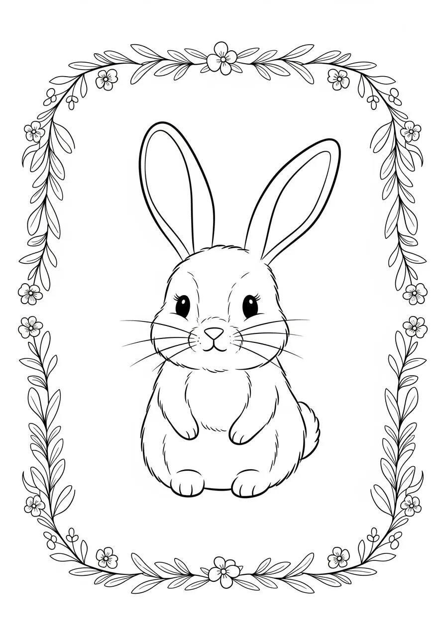 Desenho de Coelho Fofo com Flores para Colorir
