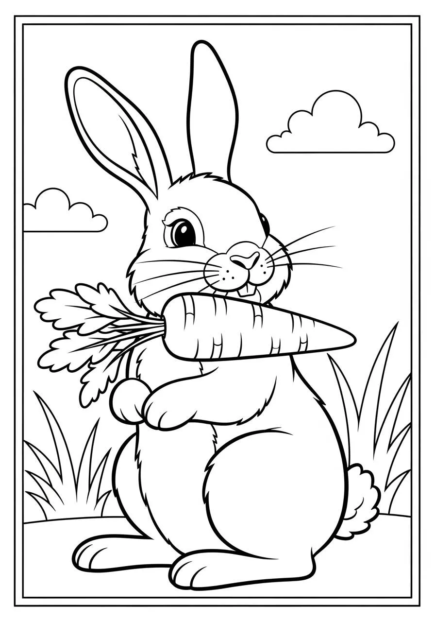 Desenho de Coelho Feliz com Cenoura para Colorir