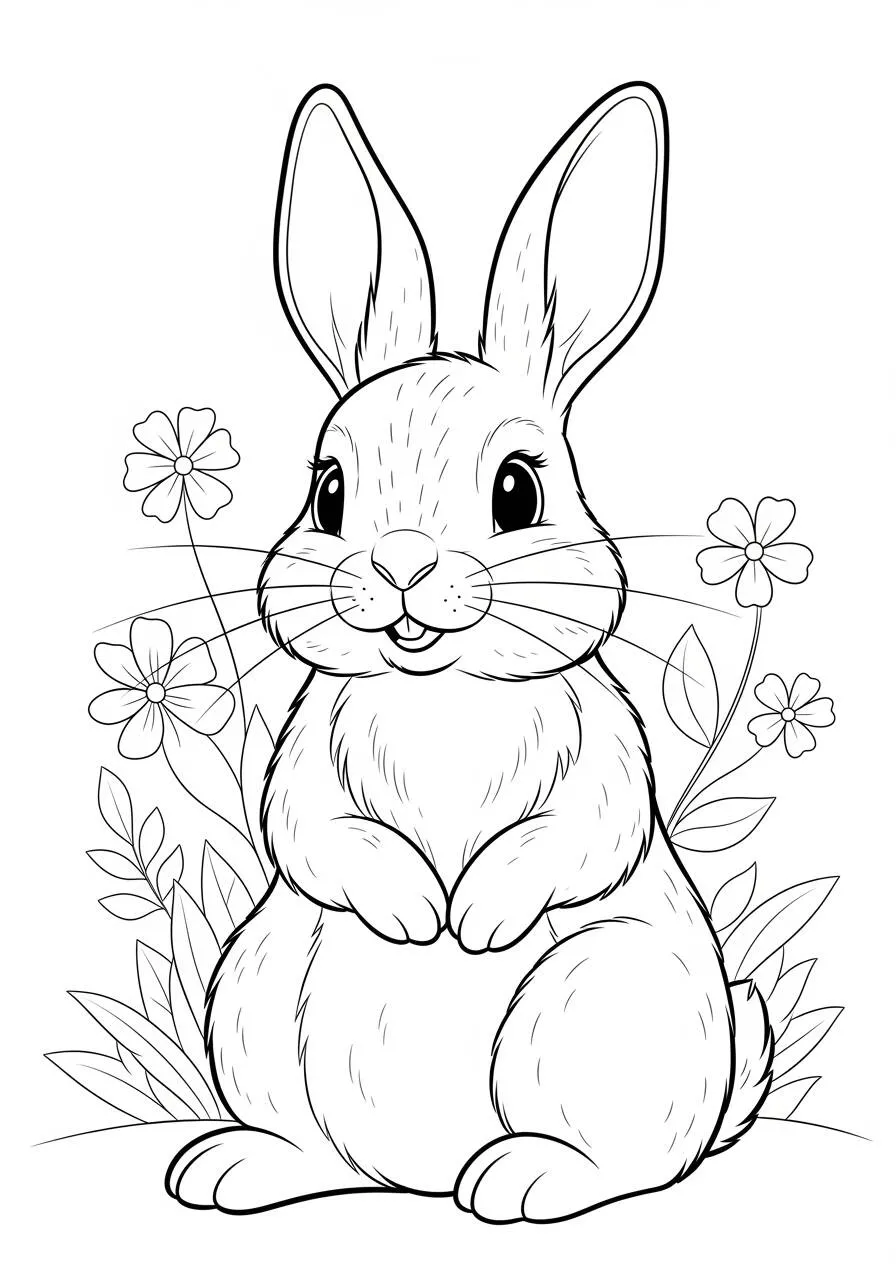 Desenho de Coelho Sorridente entre Flores para Colorir