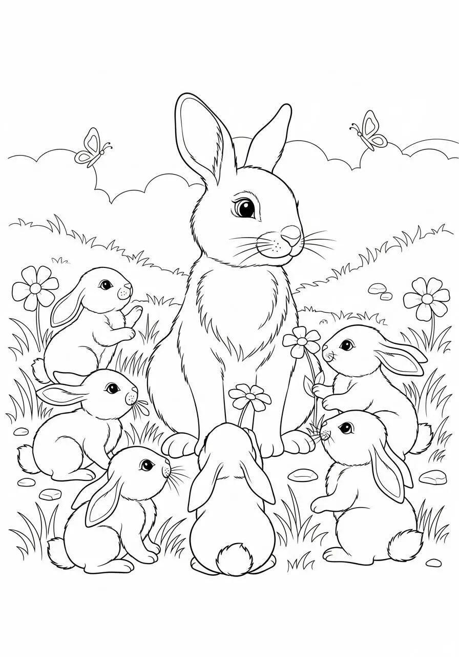 Desenho de Coelho com Filhotes em um Campo Florido para Colorir