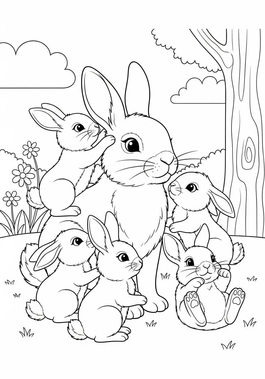 Desenho de Coelho com Filhotes para Colorir