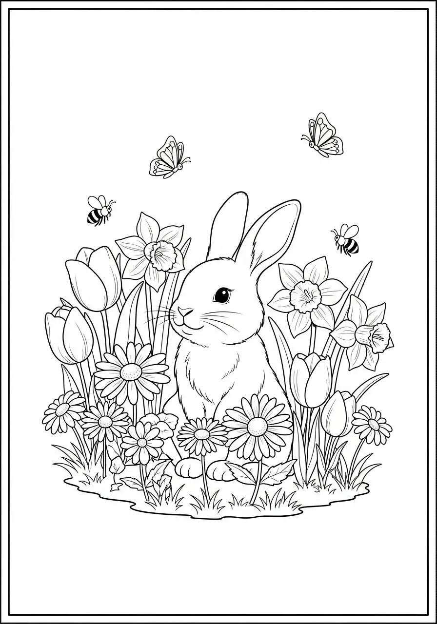 Desenho de Coelho entre Flores para Colorir