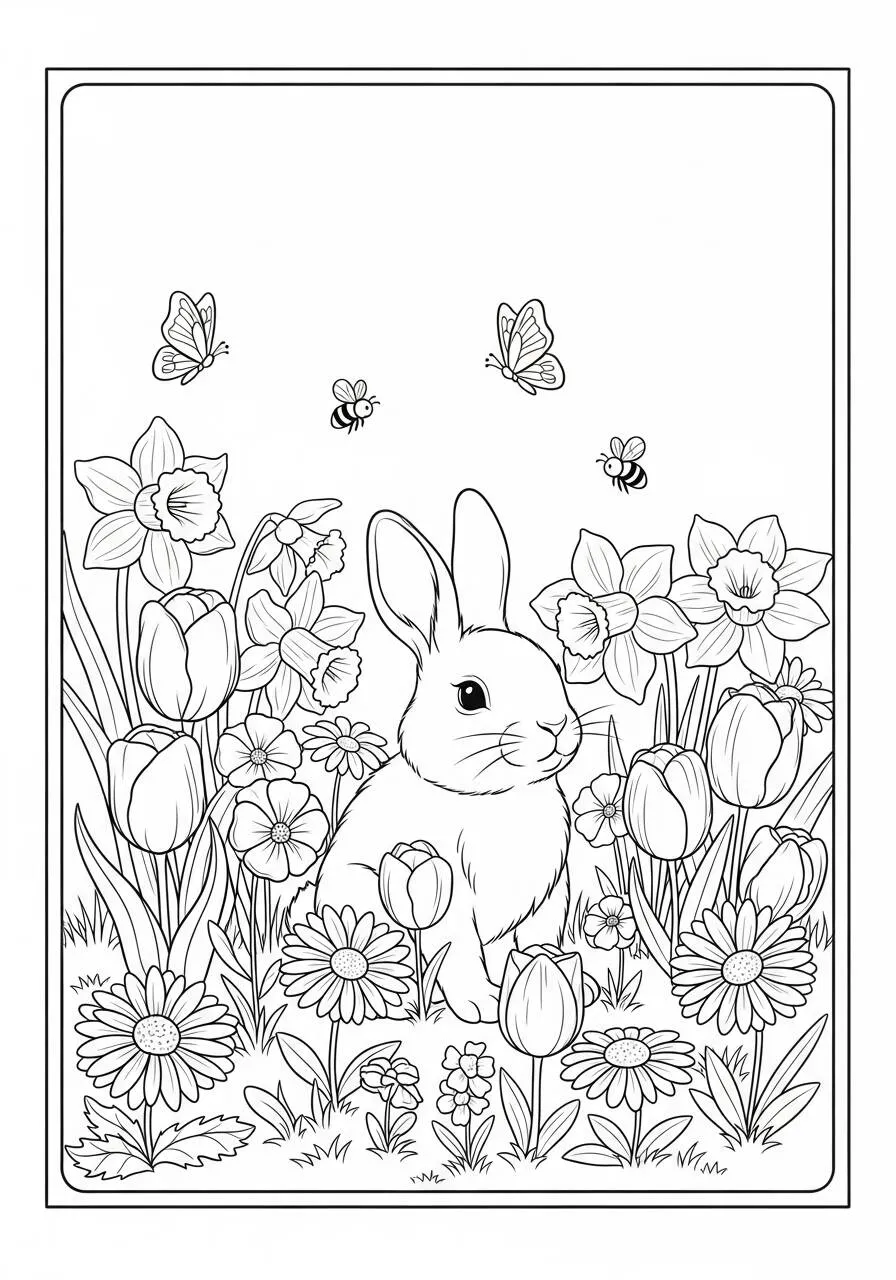 Desenho de Coelho entre Flores para Colorir