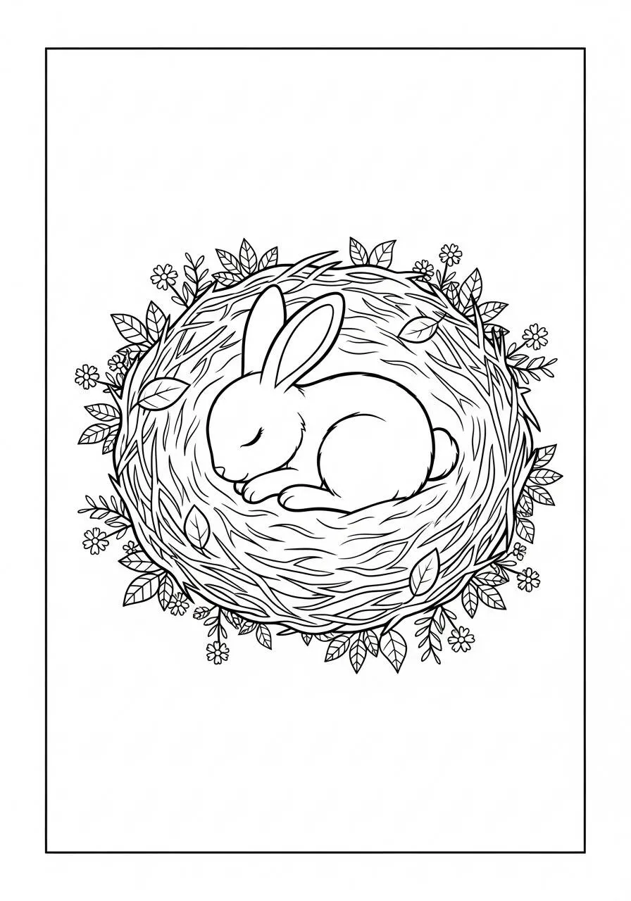 Desenho de Coelho a Dormir em um Ninho para Colorir