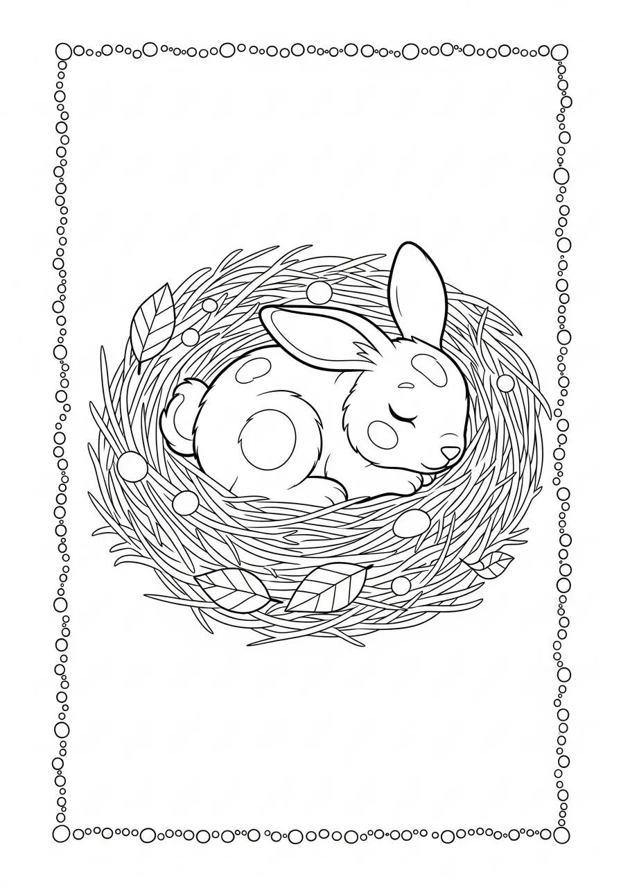 Desenho de Coelho a Dormir em um Ninho para Colorir