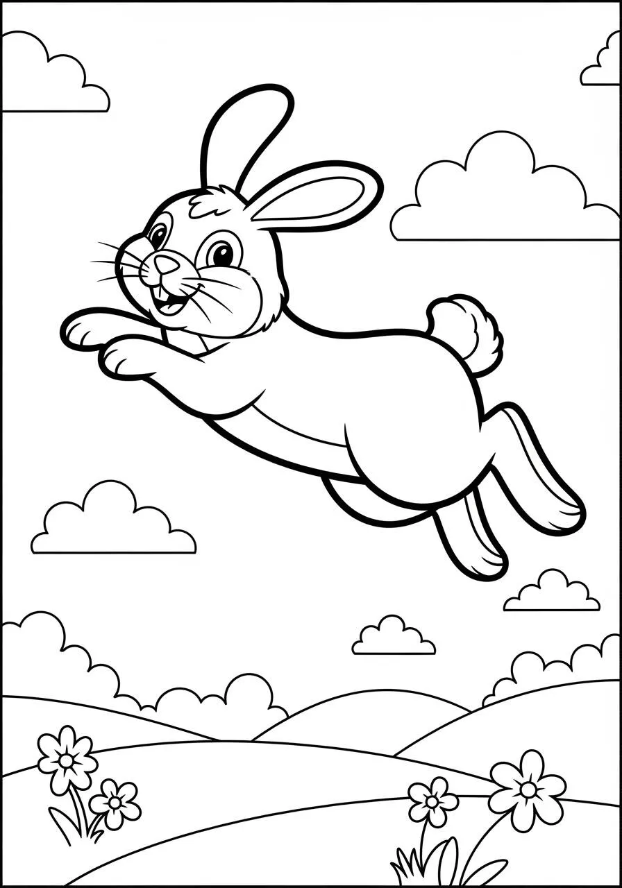 Desenho de Coelho a Saltar com Flores para Colorir