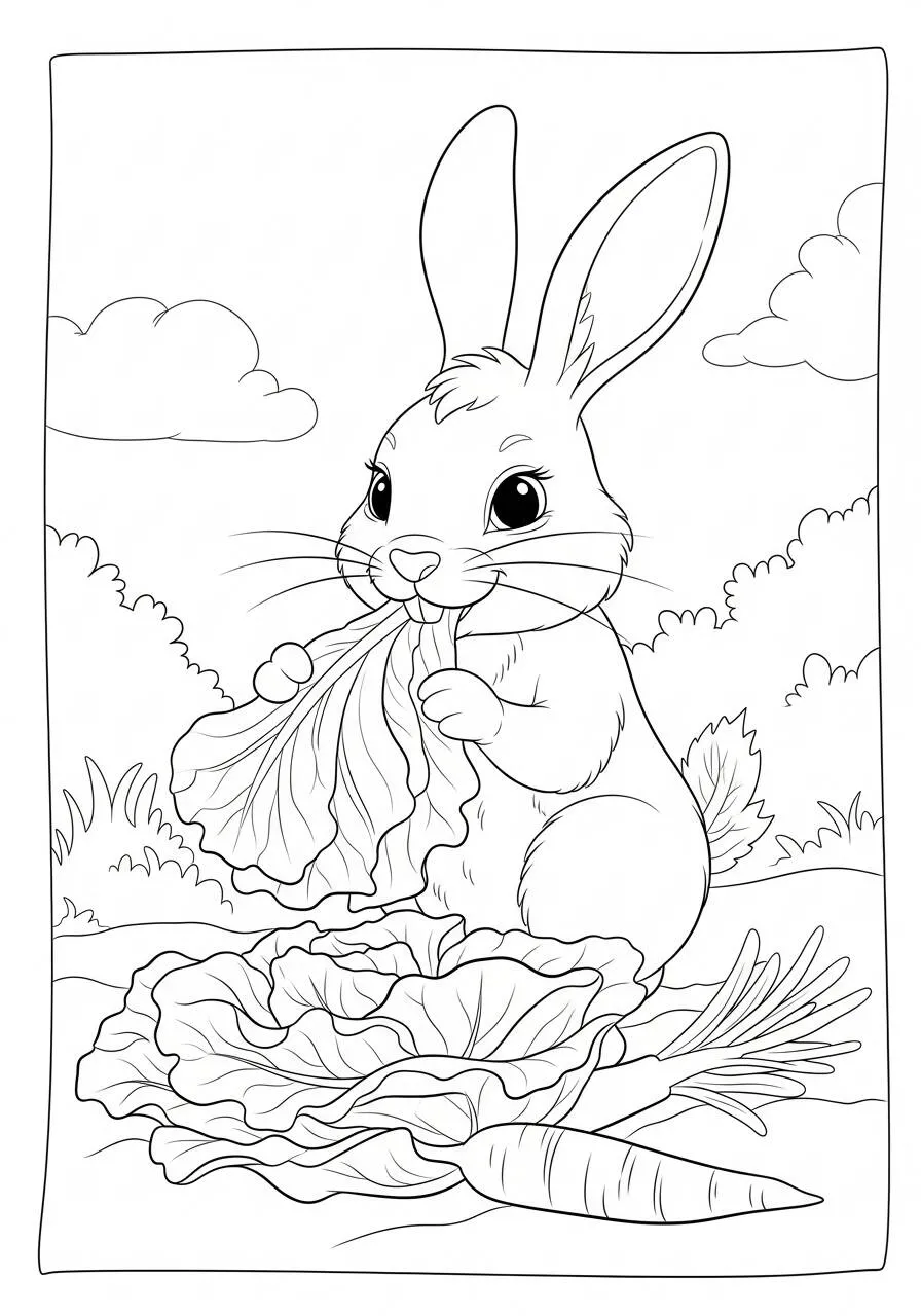 Desenho de Coelho a Comer Repolho para Colorir