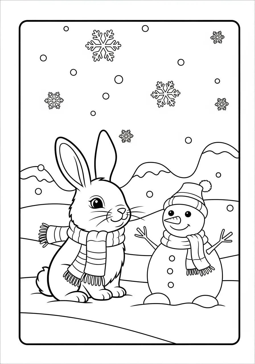 Desenho de Coelho com Boneco de Neve para Colorir