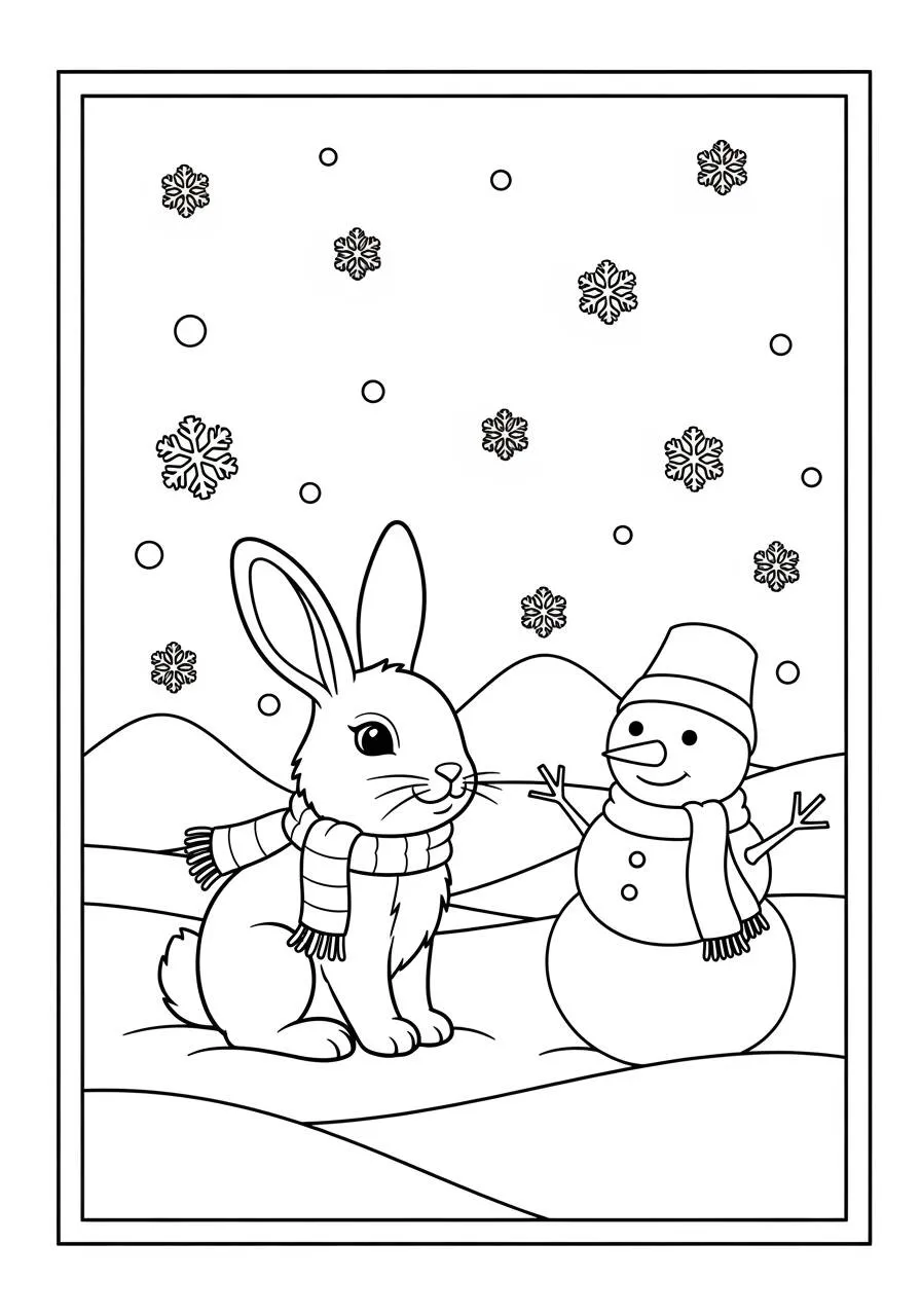 Desenho de Coelho com Boneco de Neve para Colorir