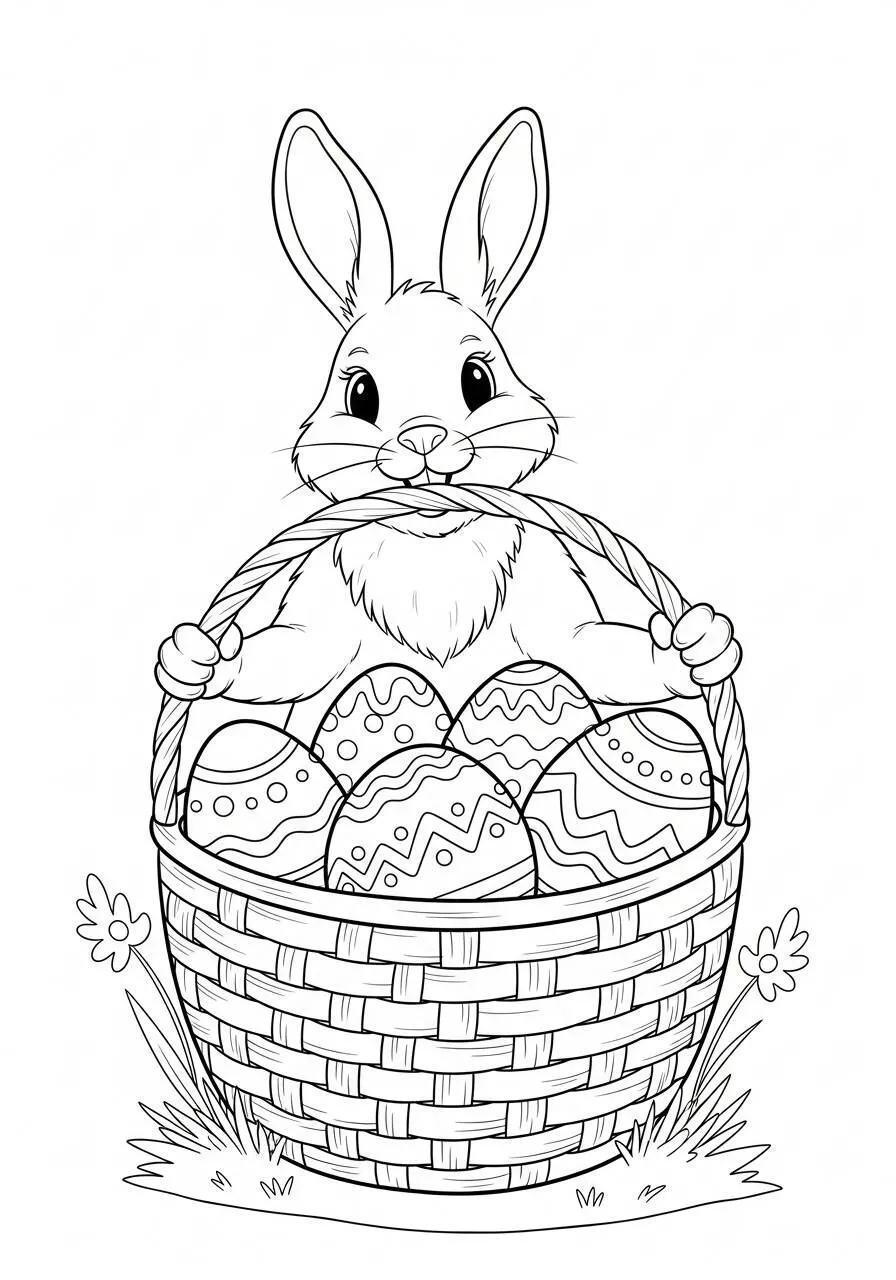 Desenho de Coelho de Páscoa com Cesta de Ovos Coloridos para Colorir