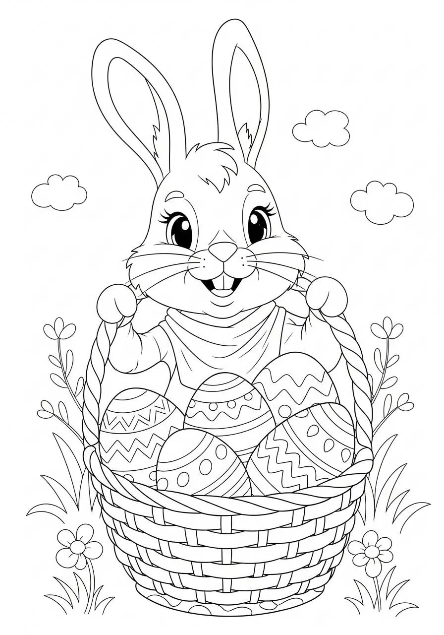 Desenho de Coelho Feliz com Cesta de Ovos de Páscoa para Colorir