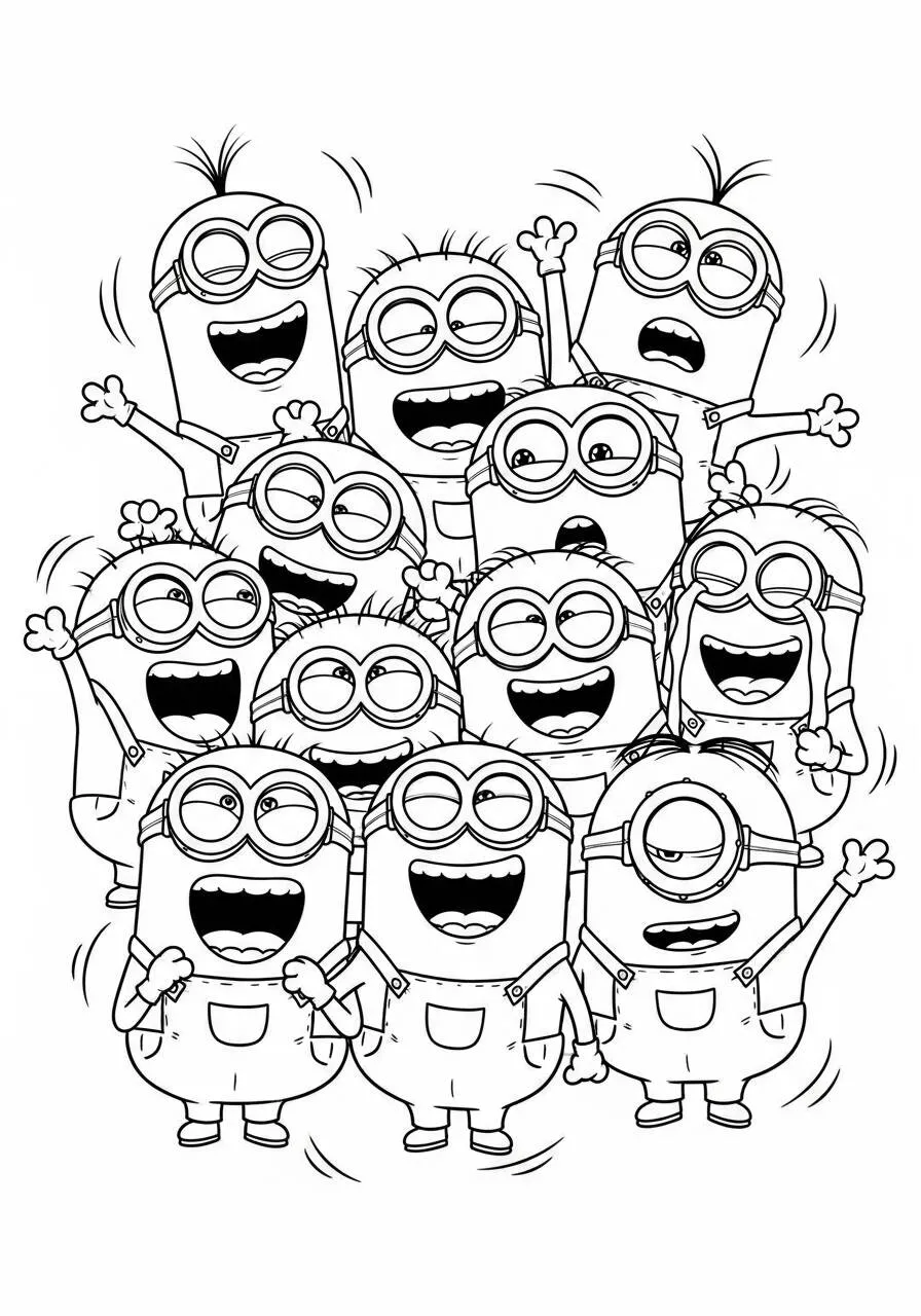 Desenho de Minions Felizes em Grupo para Colorir