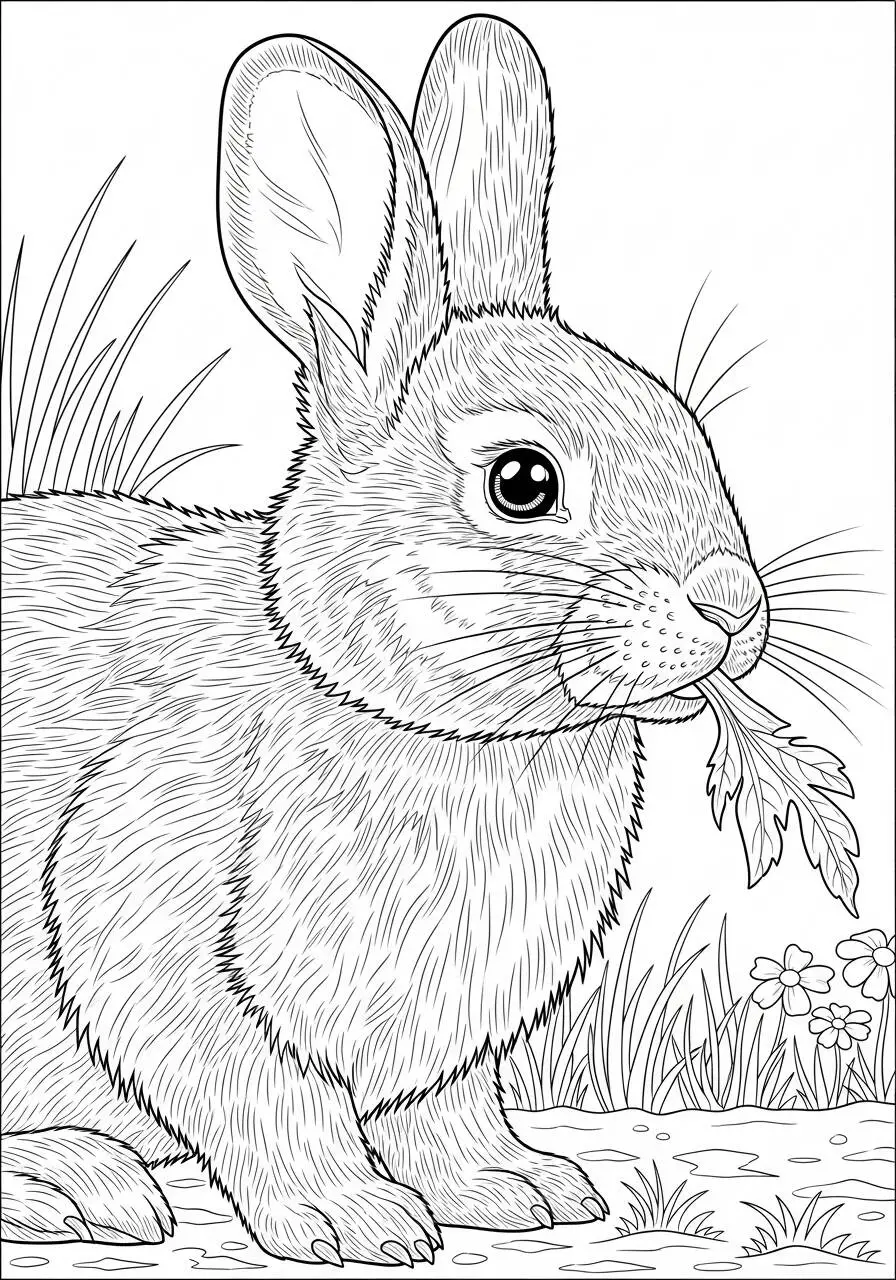 Desenho de Coelho com Folha na Boca para Colorir