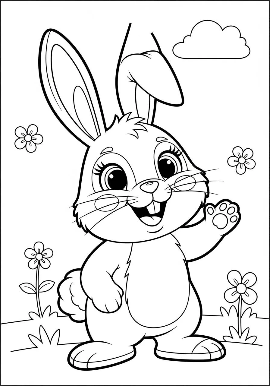 Página para colorear de conejo sonriente con flores