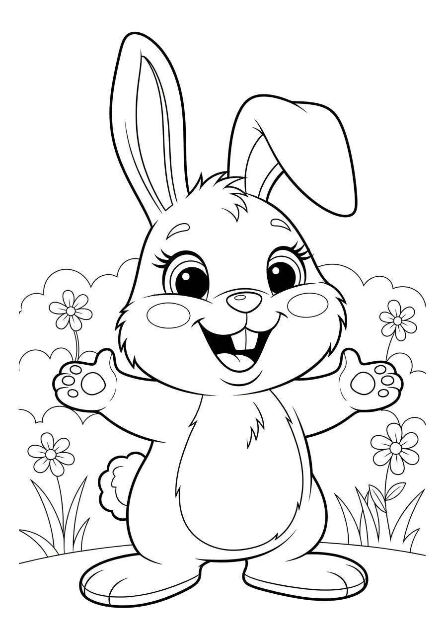 Desenho de Coelho Feliz com Flores para Colorir