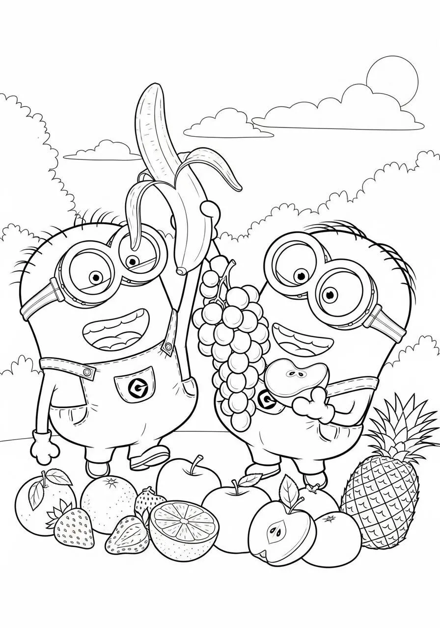Desenho de Minions com Frutas para Colorir