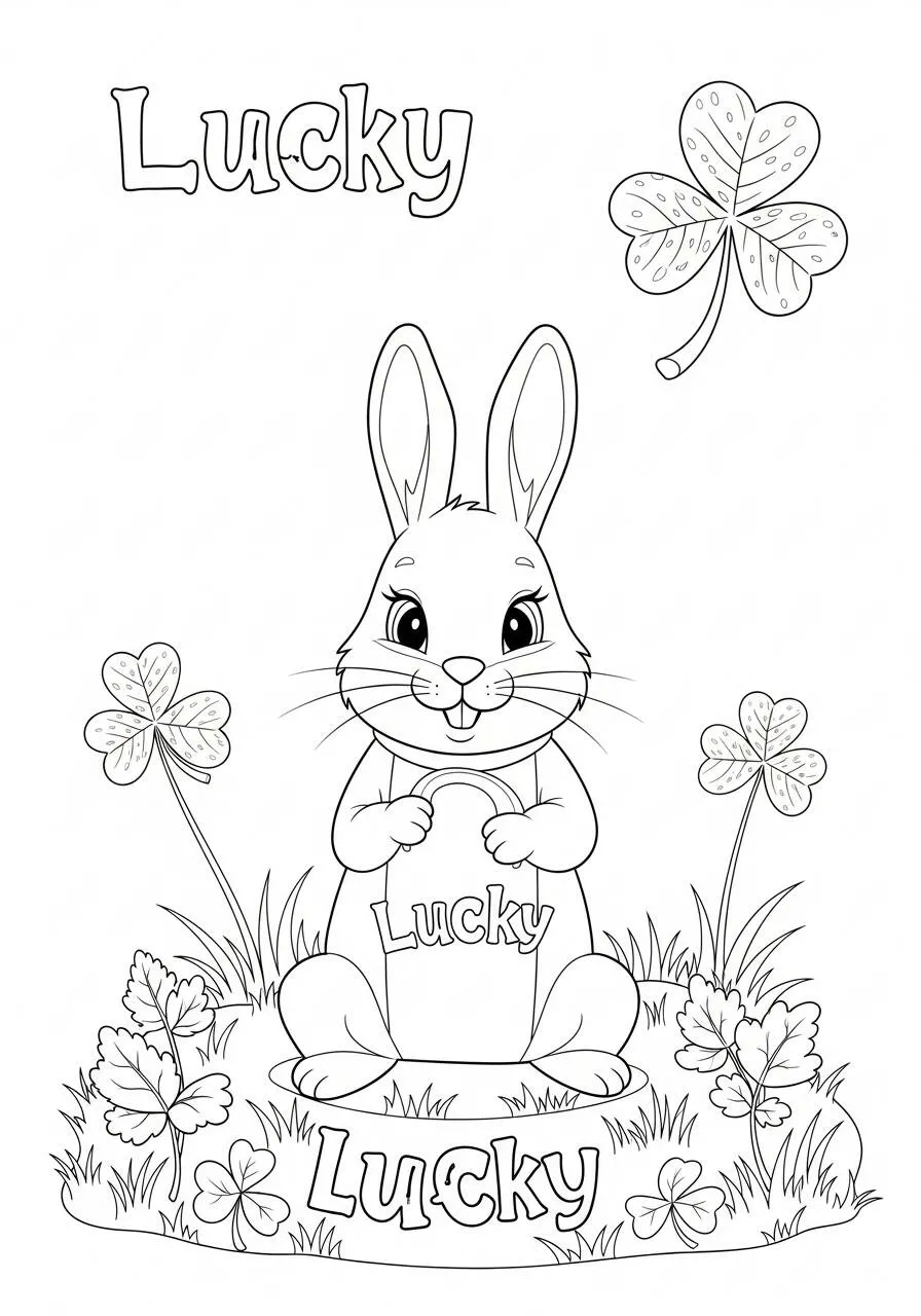 Desenho de Coelho Sortudo com Trevo para Colorir
