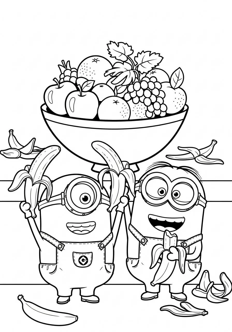 Desenho de Minions a Segurar Bananas e Frutas para Colorir
