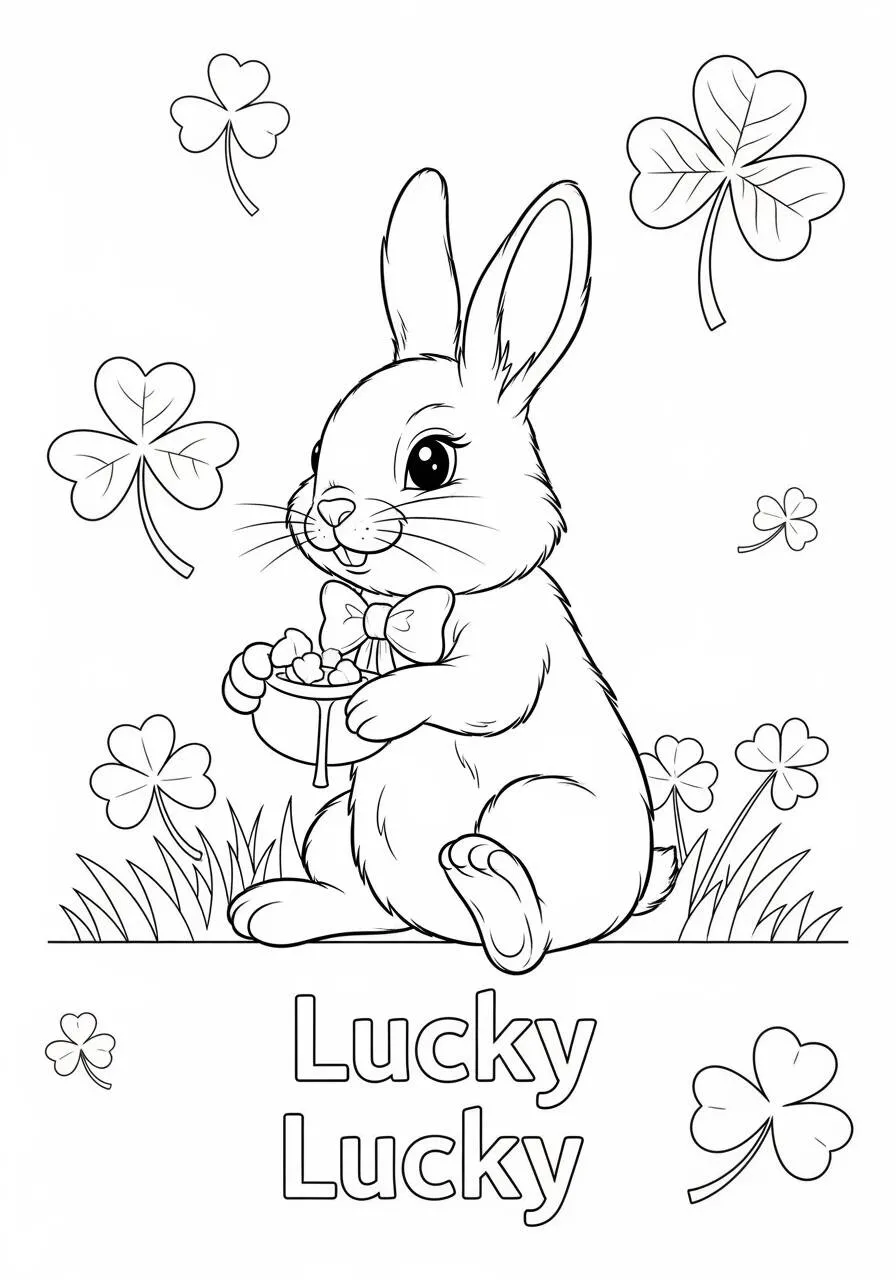 Desenho de Coelho Sortudo com Trevos para Colorir