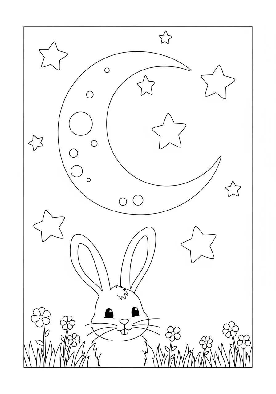 Desenho de Coelho Sob a Lua com Estrelas para Colorir